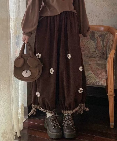 AsheKsha パンツ 「新作」立体小花柄チェックのベルボトムパンツ