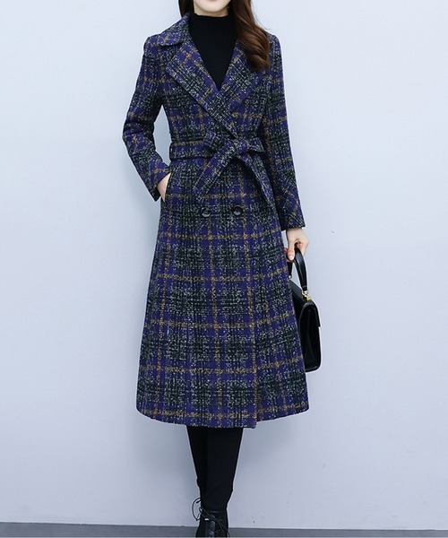 LUCPY コート アウター チェック柄ベルト付きロングウールタッチコート