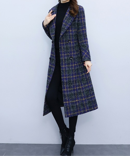 LUCPY コート アウター チェック柄ベルト付きロングウールタッチコート