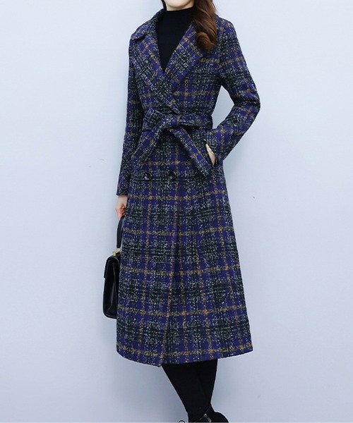 LUCPY コート アウター チェック柄ベルト付きロングウールタッチコート