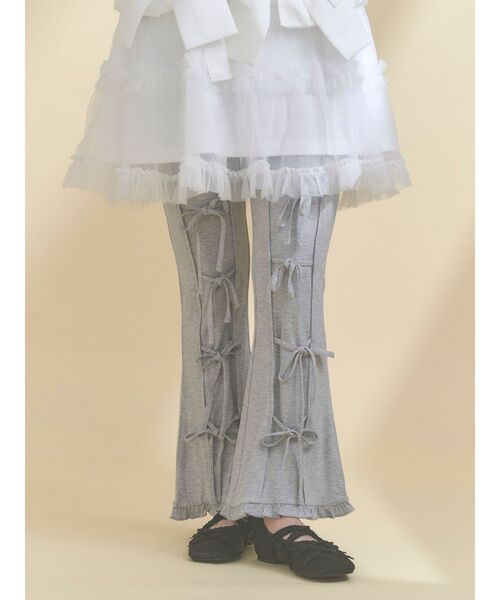 パンツ リボンフレアリブパンツ レディースの画像