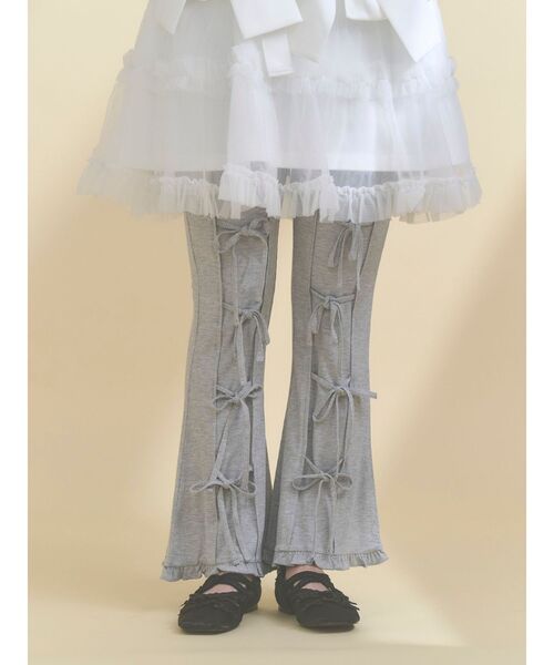 パンツ リボンフレアリブパンツ レディースの画像