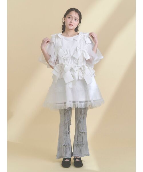 パンツ リボンフレアリブパンツ レディースの画像