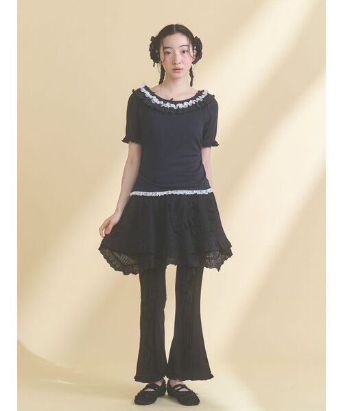 パンツ リボンフレアリブパンツ レディースの画像