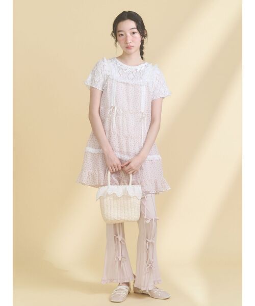 パンツ リボンフレアリブパンツ レディースの画像