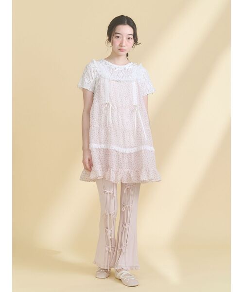 パンツ リボンフレアリブパンツ レディースの画像