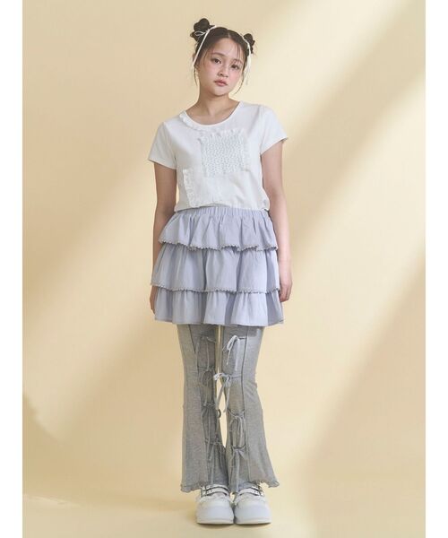 パンツ リボンフレアリブパンツ レディースの画像