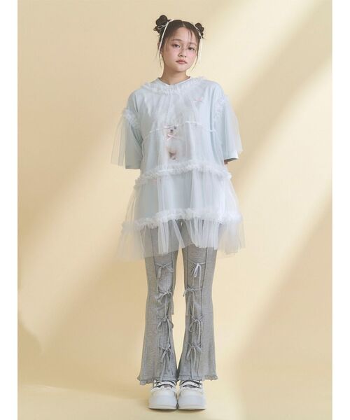 パンツ リボンフレアリブパンツ レディースの画像