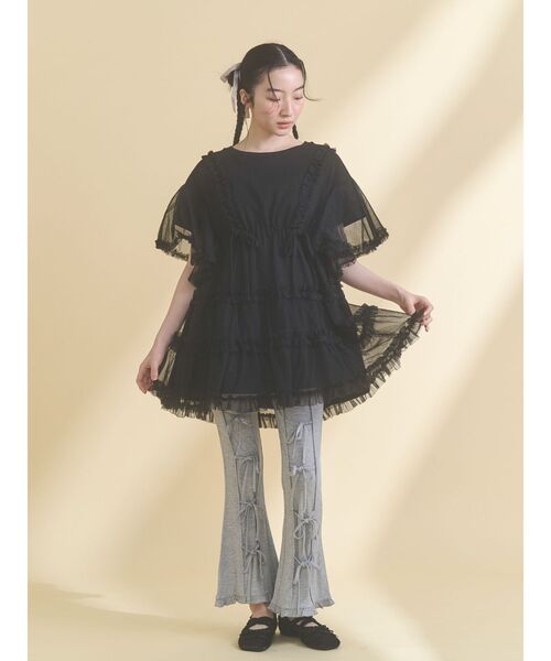 パンツ リボンフレアリブパンツ レディースの画像