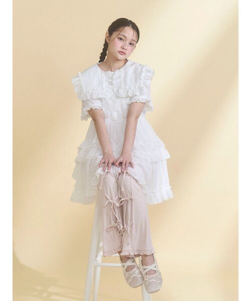 パンツ リボンフレアリブパンツ レディースの画像