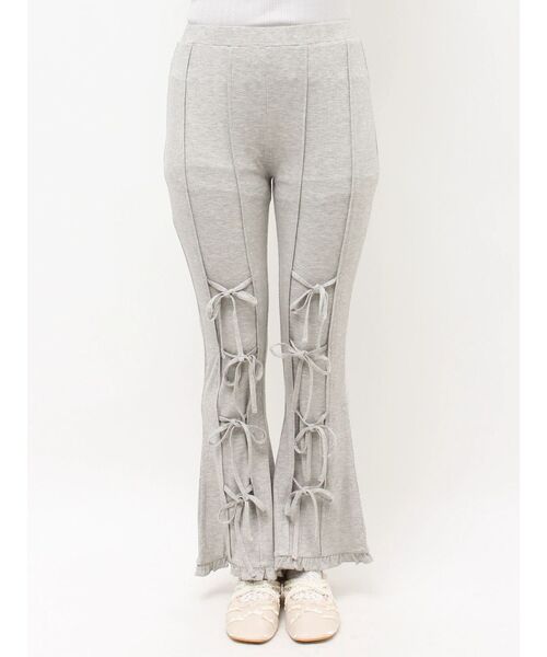 パンツ リボンフレアリブパンツ レディースの画像