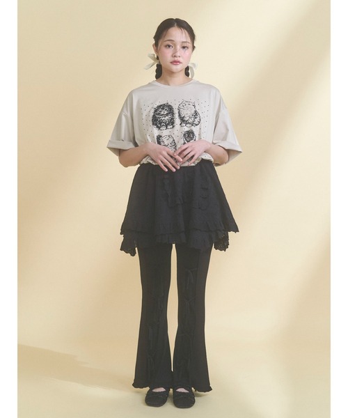 パンツ リボンフレアリブパンツ レディースの画像