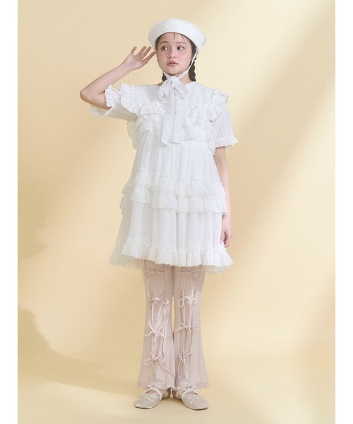 パンツ リボンフレアリブパンツ レディースの画像