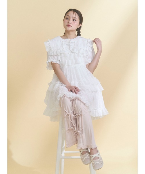 パンツ リボンフレアリブパンツ レディースの画像