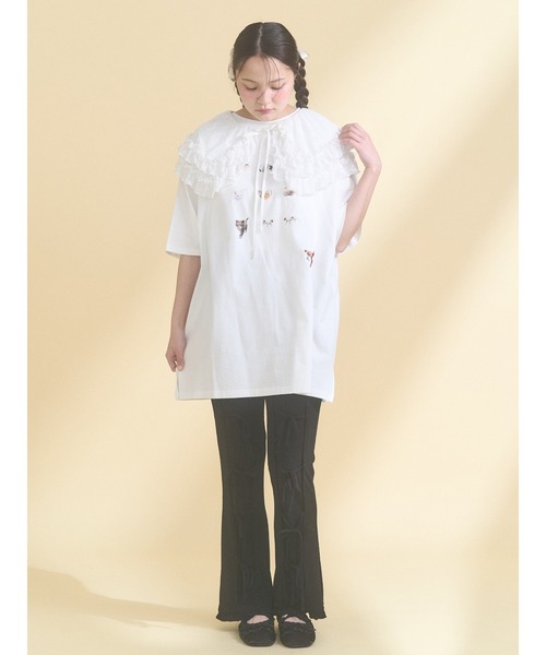 パンツ リボンフレアリブパンツ レディースの画像