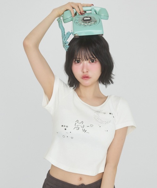 rumnel： tシャツ ラインストーンアート半袖チビTシャツ / rhinestone