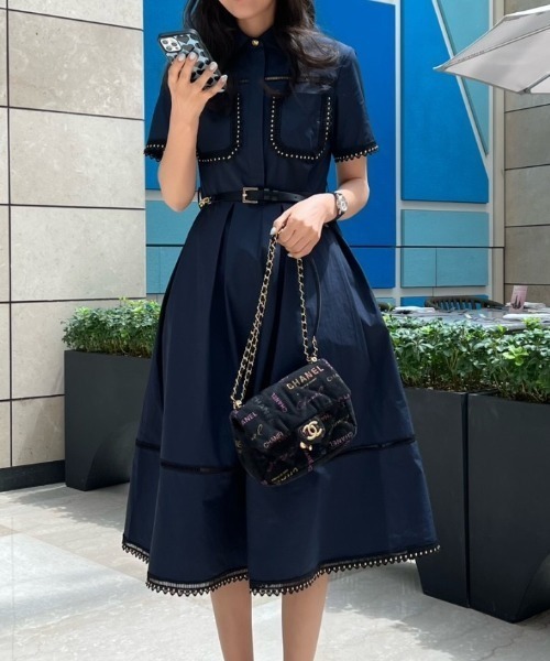 FAVORITO シャツワンピース ベルト付き襟付きシャツワンピース