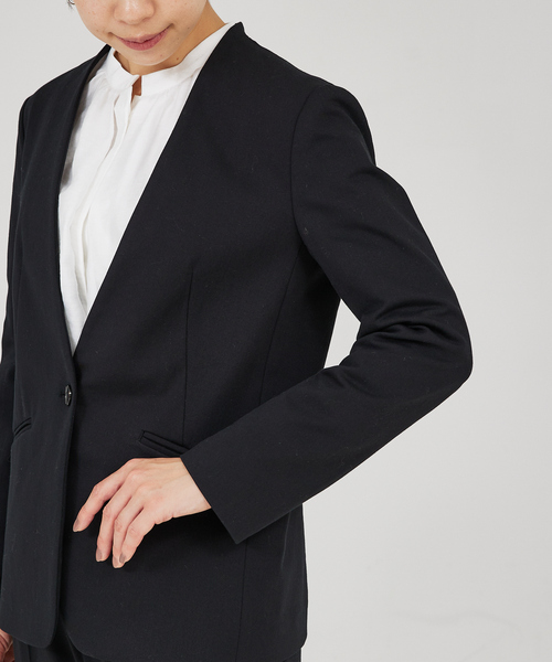【美品】qualiteカリテ★ストレッチシャンブレージャケット&パンツ★ブラック qualite ジャケット テーラードジャケット 「セットアップ対応