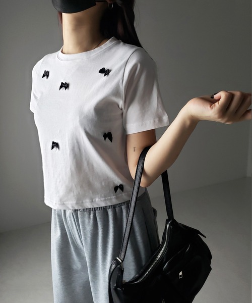❁⃘00s coquette バレエコア リボンカットソー セール】ドッキングリボントップス/Tシャツ/半袖/バレエコア