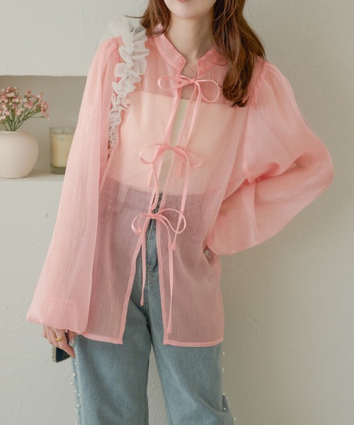 ブラウス シャツ 2way ribbon cropped sheer blouse / 2wayリボンクロップドシアーブラウス レディース 2way ribbon cropped sheer blouse / 2wayリボンクロップド