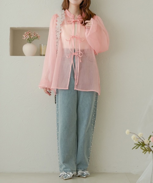 新品 rosymonster sheer blouse ピンク シアーブラウス Ambre Neige ブラウス シャツ 2way glitter sheer ribbon blouse