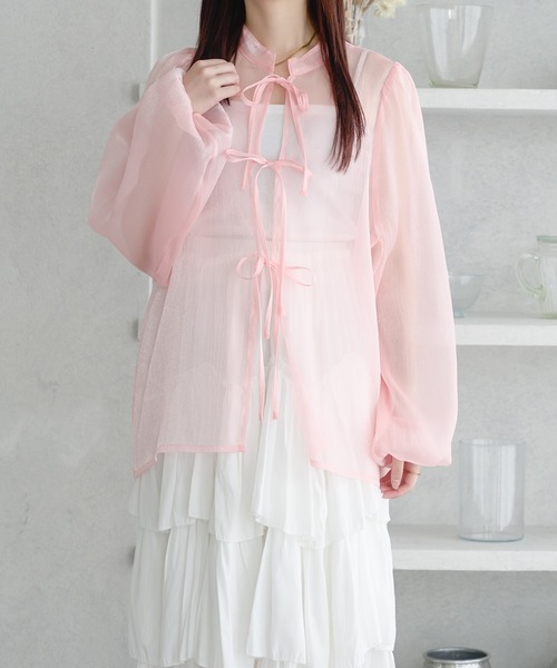 ブラウス シャツ 2way ribbon cropped sheer blouse / 2wayリボンクロップドシアーブラウス レディース 2way ribbon cropped sheer blouse / 2wayリボンクロップド