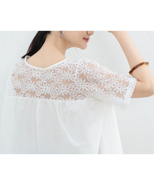 ヴィンテージレースフラワー刺繍バルーンスリーブガーゼチュニック
