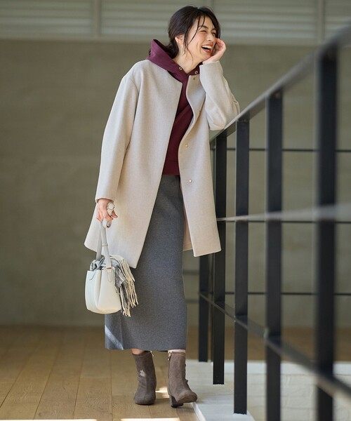 ANY（エニィ） ノーカラーコート コート 「防風裏地」カシミヤブレンド