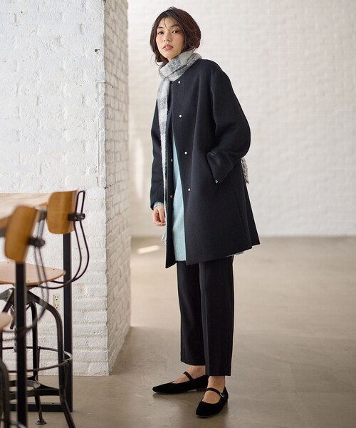 ANY（エニィ） ノーカラーコート コート 「防風裏地」カシミヤブレンド