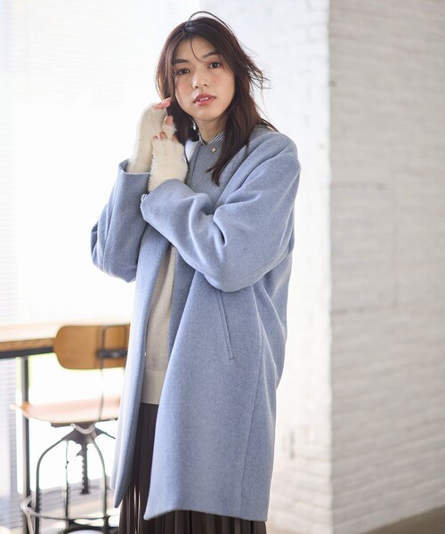ANY（エニィ） ノーカラーコート コート 「防風裏地」カシミヤブレンド