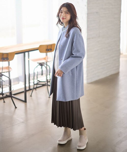 ANY（エニィ） ノーカラーコート コート 「防風裏地」カシミヤブレンド