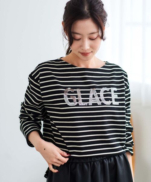 tシャツ GLACEスパンコールロゴボーダー レディース
