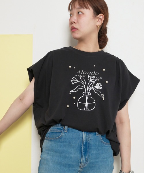 tシャツ シルケット天竺使用　パールモチーフトップス　箔プリントロゴ レディース