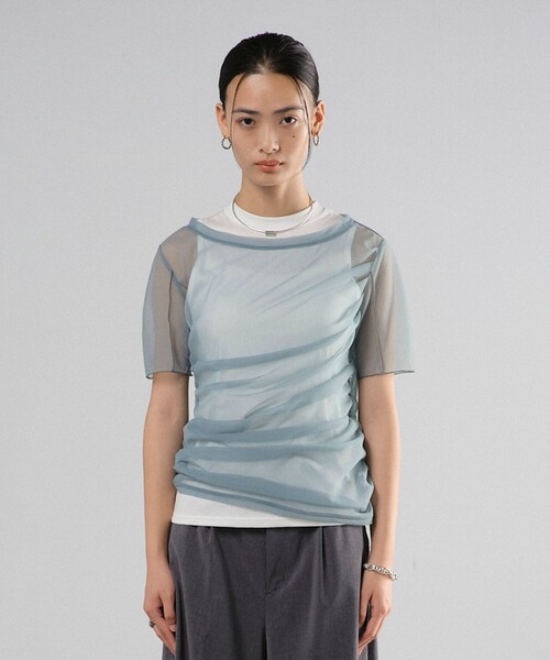 tシャツ バイアスギャザーレイヤードプルオーバー｜細見え/ウォッシャブル/2枚セット/半袖/シアートップス/夏服 レディース UNITED TOKYO tシャツ バイアスギャザーレイヤードプルオーバー