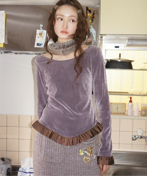 musubore（ムスボレ） tシャツ bi-color flocky frill tops