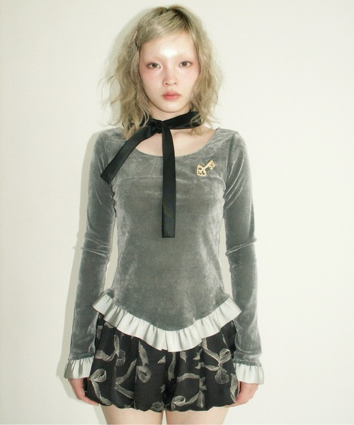 musubore（ムスボレ） tシャツ bi-color flocky frill tops