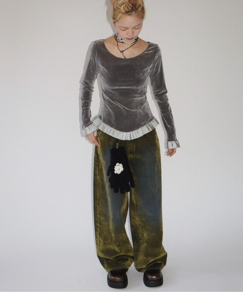 musubore（ムスボレ） tシャツ bi-color flocky frill tops