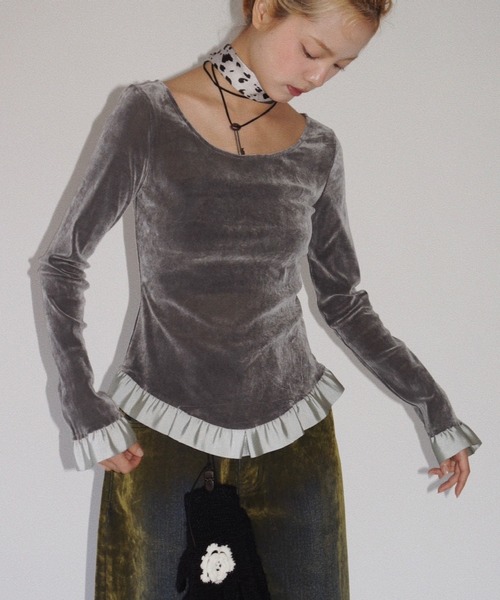 musubore（ムスボレ） tシャツ bi-color flocky frill tops