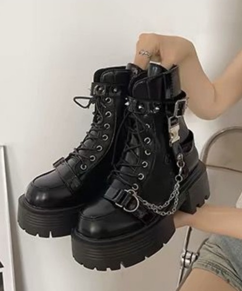 ブーツ Y2K厚底 ダブルバックルロッカーブーツ レディース : ZOZOTOWN