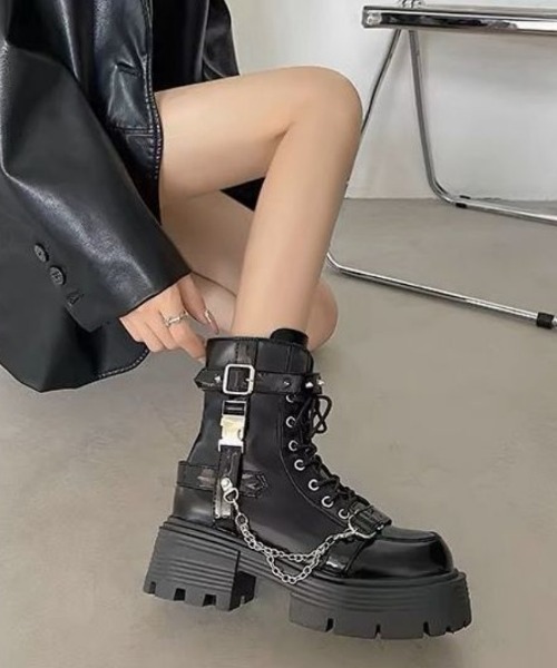 ブーツ Y2K厚底 ダブルバックルロッカーブーツ レディース : ZOZOTOWN