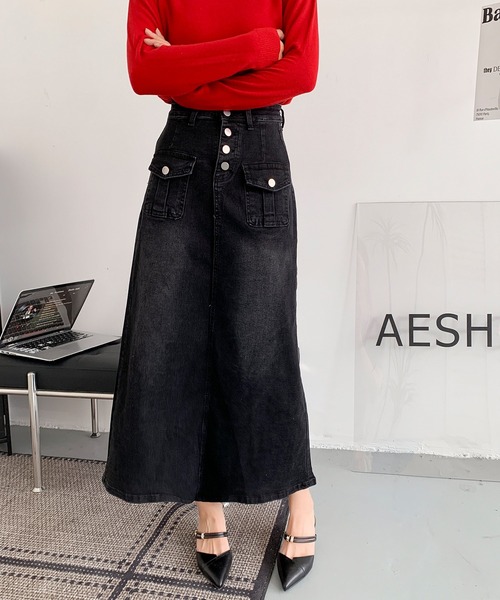 美品 ディーゼル ロングスカート 23SS デニム フロントボタン 黒 XL aimoha（アイモハ） デニムスカート フロントボタン デニム ロング