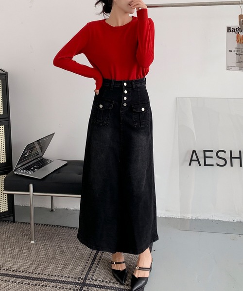 美品 ディーゼル ロングスカート 23SS デニム フロントボタン 黒 XL aimoha（アイモハ） デニムスカート フロントボタン デニム ロング