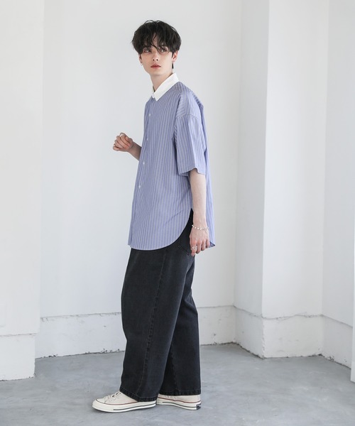 「ASTRONOMY」 半袖シャツ L ネイビー×ホワイト メンズ_画像3