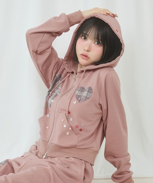 パッチワークデザイン パーカー＆ショートパンツ セット rumnel： パーカー 「セットアップ可能」パッチワークデザインボタン
