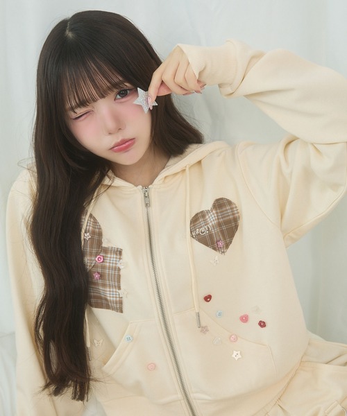 rumnel: パッチワークデザインボタンフーディー レディース rumnel: パッチワークデザインボタンフーディー スウェット