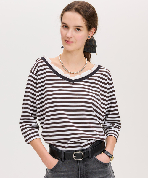 IENA トップス IENA（イエナ） tシャツ BLACK フリル付きボーダーカットソー