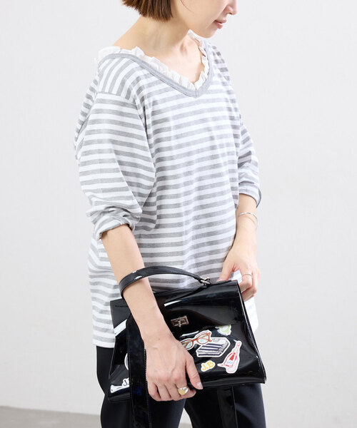 IENA（イエナ） tシャツ BLACK フリル付きボーダーカットソー