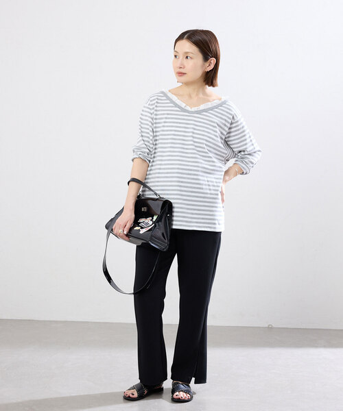 IENA（イエナ） tシャツ BLACK フリル付きボーダーカットソー