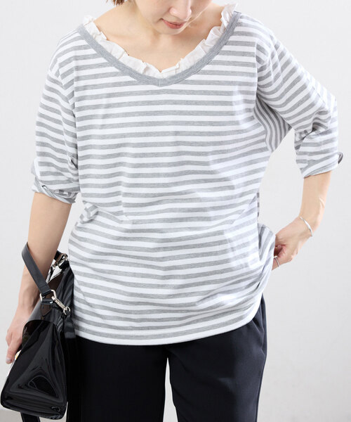 IENA（イエナ） tシャツ BLACK フリル付きボーダーカットソー