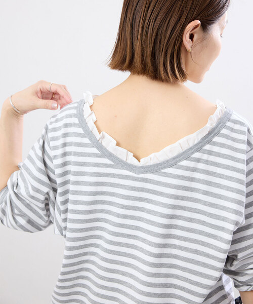 【新品タグ付】IENA ボーダーフレンチスリーブTシャツ IENA（イエナ） tシャツ BLACK フリル付きボーダーカットソー